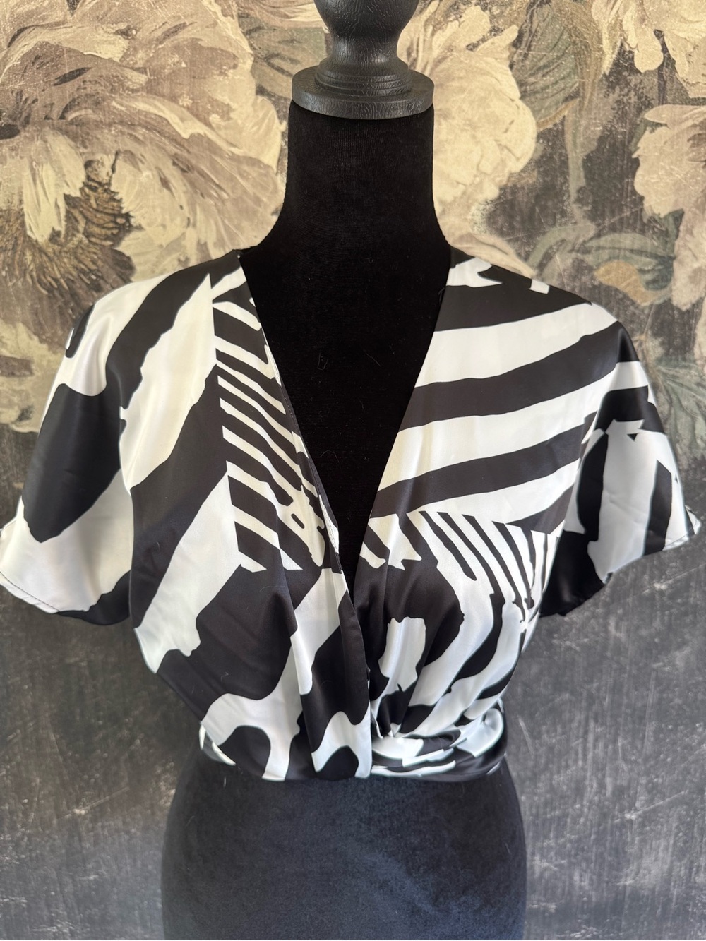 bebe Black and White Zebra-Print Wrap Blouse